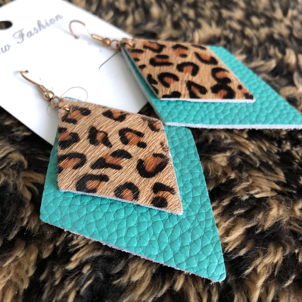 Turquoise & Leopard Print Leather Earrings